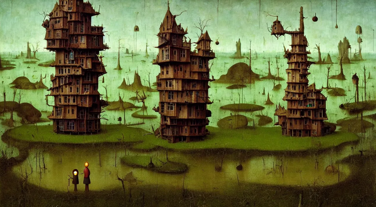 Image similar to single flooded simple fungus wooden tower, very coherent and colorful high contrast ultradetailed photorealistic masterpiece by franz sedlacek hieronymus bosch gediminas pranckevicius dean ellis simon stalenhag rene magritte, dark shadows, sunny day, hard lighting