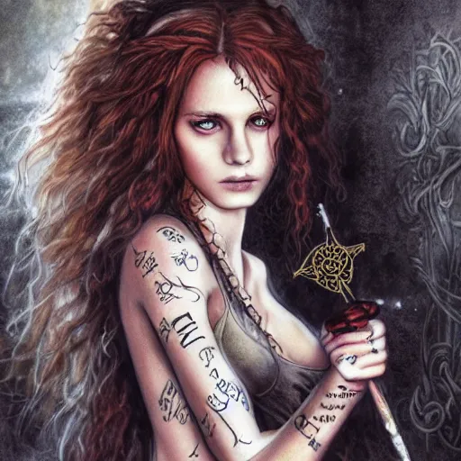 Image similar to dressed Hermione in tattoos conjuring with a magic wand, by luis royo, beautiful gown, beautiful eyes, Beautiful face, by Aggi Erguna, high detail, high resolution