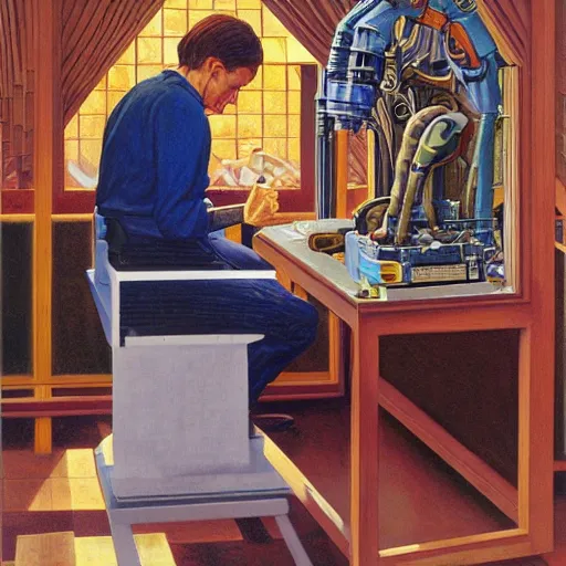 Image similar to robot artist artist painting a self portrait, by clyde caldwell, james c. christensen, george tooker