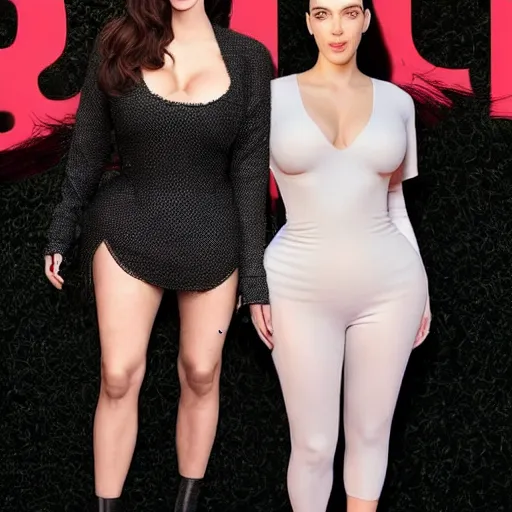 Image similar to a woman who is a genetic combination of kim kardashian and kat dennings and scarlett johansson and margot robbie and emma watson, face and upper - body focus