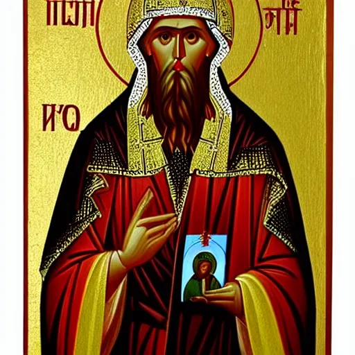 Image similar to russian orthodox icon showing saint with a mobile phone