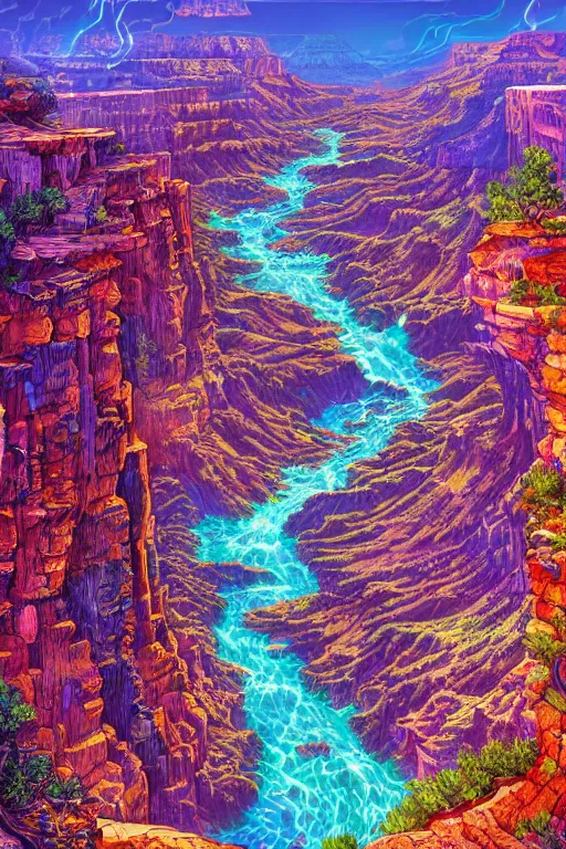 Image similar to landscape of waterfall in grand canyon neon colors, bird eye view, hyperdetailed illustration by kim jung gi, irakli nadar, intricate linework, bright colors, octopath traveler, final fantasy, unreal engine 5 highly rendered, global illumination, radiant light, detailed and intricate environment