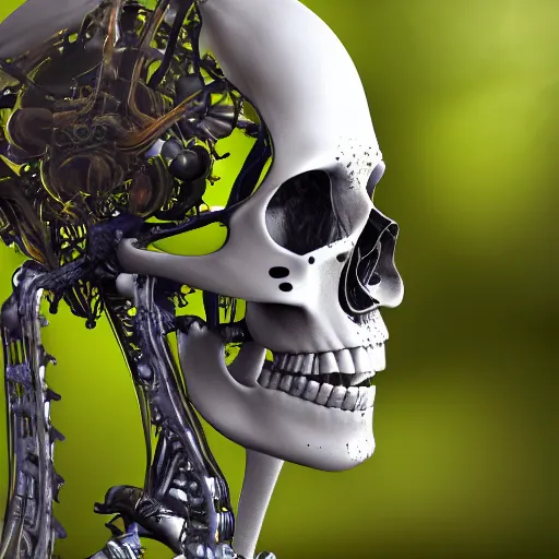 Image similar to very detailed portrait 55mm photo of a mechanical skeleton with crystal innards and optic fiber nerves, gears in his head and cybernetic enhancements in it's skull. In the forest with bokeh.