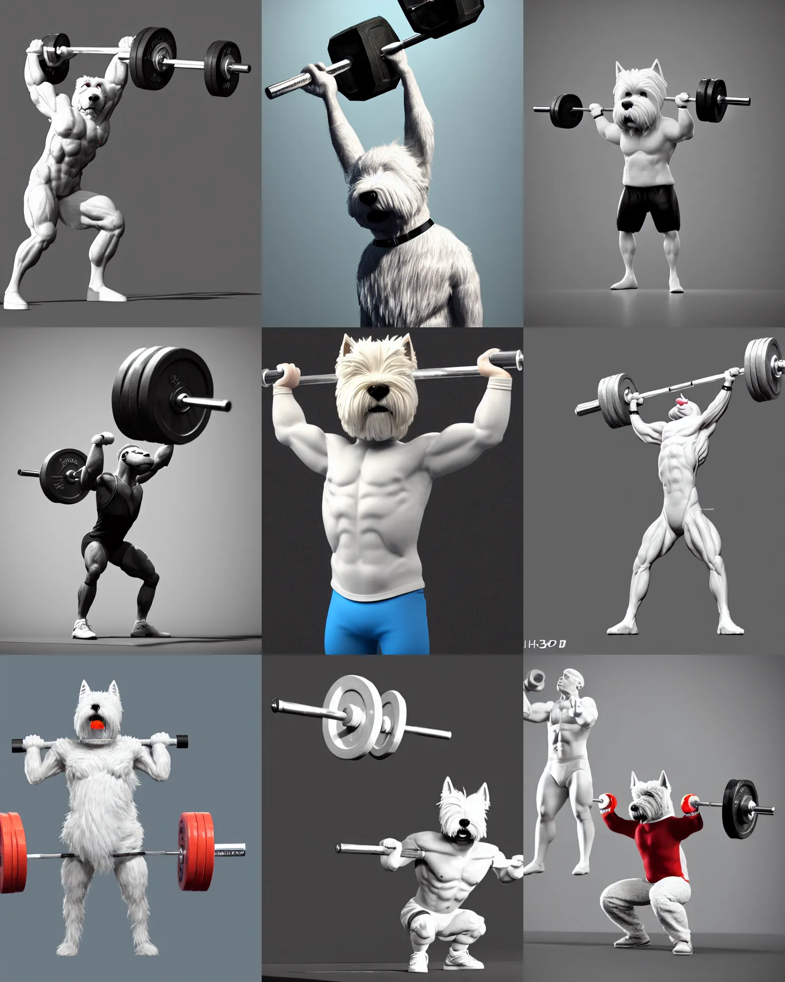 Prompt: an anthropomorphic man - like west highland white terrier weight lifting weightlifting barbell up, over it's head, in olympic olympic weightlifting, ultra detailed, 3 d rendering, photo realistic, concept art, 4 k, artstation, cgsociety