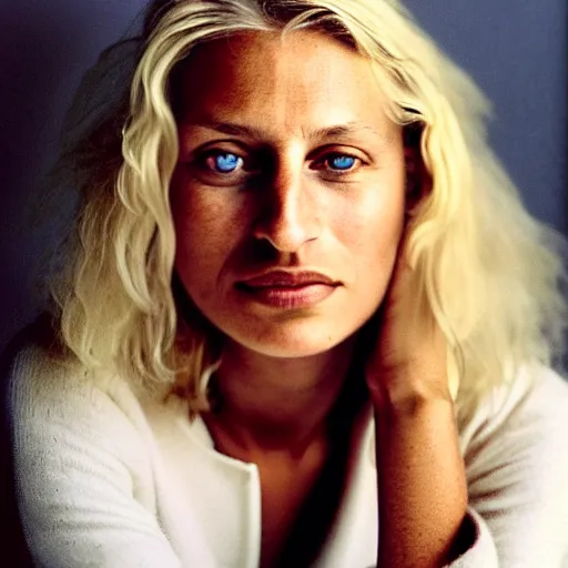 Image similar to portrait photograph by annie leibovitz of olive skinned blonde female in her thirties wearing designer clothes