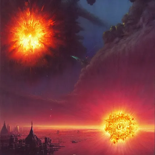 Prompt: A gigantic colossal Atomic explosion in Mumbai, by Bruce Pennington, by Wayne Barlowe, by Greg Rutkowski, oil on canvas, masterpiece, detailed, dynamic, cinematic composition, beautiful lighting, view from ground, trending on artstation, top on pixiv, 8K, no frames,