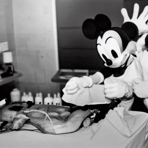 Image similar to photo of mickey mouse ’ s autopsy, black and white, wide angle