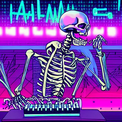 Prompt: a skeleton going ham on a synthesizer in a night club, outrun, synthwave, vaporwave