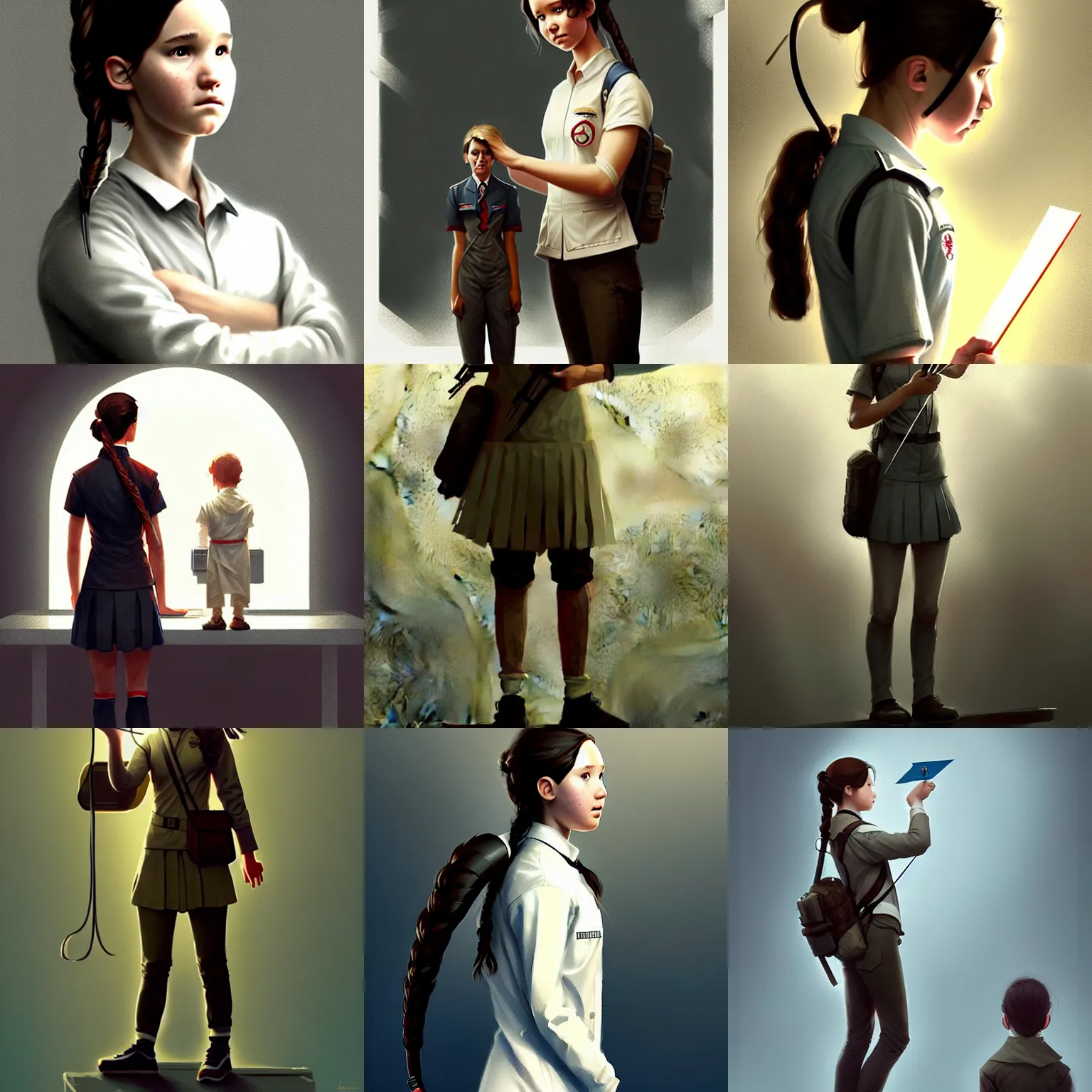 Image similar to a laboratory, ( ( ( ( ( katniss everdeen ) ) ) ) ) as a student, wearing a school uniform, is holding a tiny man, digital art, greg rutkowski, artstation