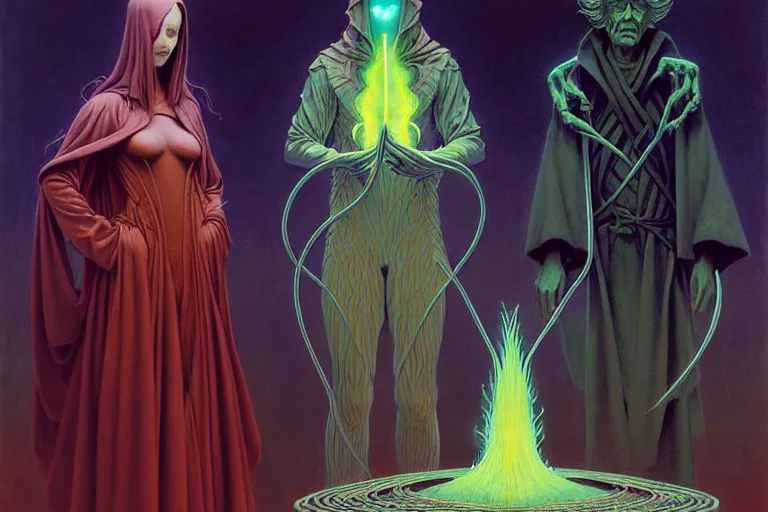 Prompt: the female arcanist and the male artificer by zacharias aagaard and gerald brom and zdzisław beksinski and james gilleard and wayne barlowe and marc simonetti and jean delville, beautiful, robes, highly detailed, hyperrealistic, intricate, energy, electricity, blue flame, low light, green crystal, high contrast