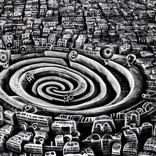 Image similar to ancient goth city with spiral-shaped streets spiraling into insanity hyperreality hd 8k plane view very detailed high contrast
