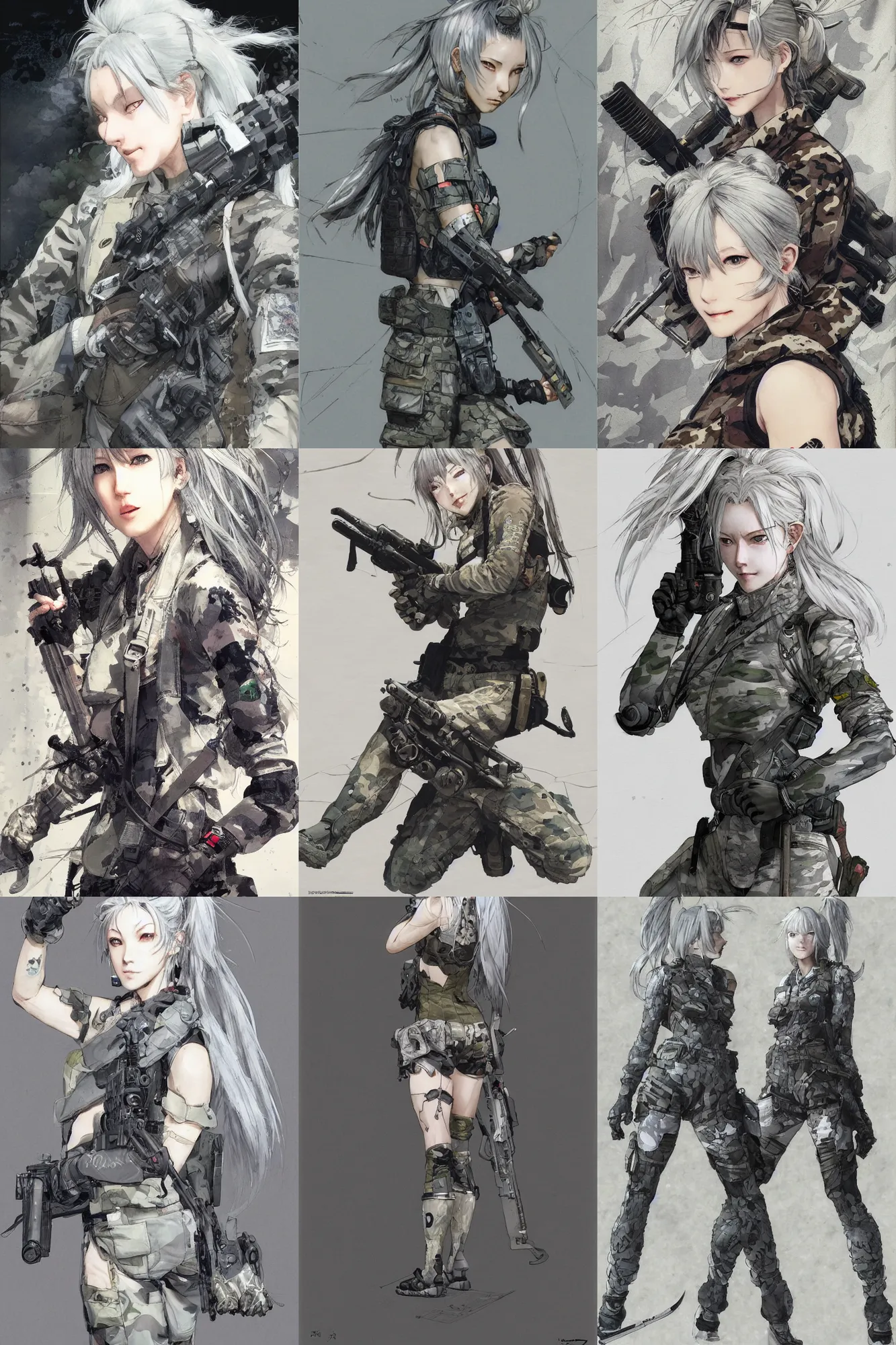 Prompt: girl, silver hair (ponytail), (winking), multicam (camo), trending on artstation, detailed, cinematic full body shot, ilustration by Takehiko Inoue (((and Yoann Lossel))) (((and Yoji Shinkawa)))