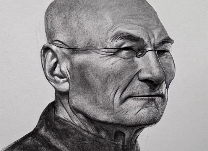 Image similar to a charcoal drawing of patrick stewart sitting in a big bowl of beef stew