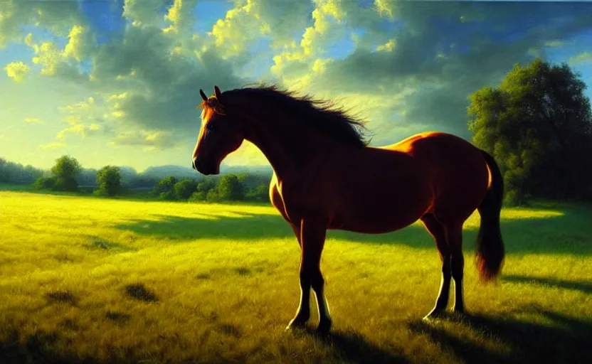 Image similar to a masterpiece oil painting of a horse backlit in a pasture. ultra wide angle, fantasy art, alex ross, heroic lighting, very very very beautiful raytraced rendering