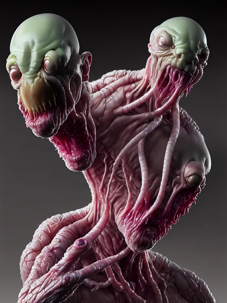 Image similar to hyperrealistic rendering, fat smooth cronenberg flesh monster transparent grey alien by donato giancola and greg rutkowski and wayne barlow and zdzisław beksinski, product photography, action figure, sofubi, studio lighting, colored gels