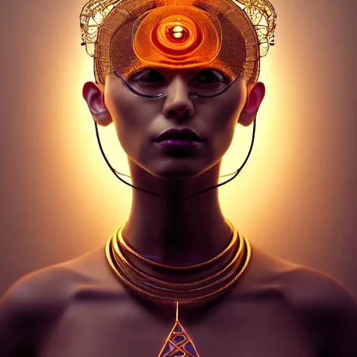 Prompt: portrait of an absurdly beautiful, graceful, sophisticated, fashionable egyptian cyberpunk mechanoid gravure idol, hyperdetailed illustration by irakli nadar, matt wisniewski style, intricate linework, fashion photography, porcelain skin, jellyfish headdress, golden cable necklace, unreal engine 5 highly rendered, radiant light, detailed and intricate environment