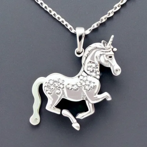 Image similar to a lovely cute silver cartoon unicorn necklace pendant, pandora style, tiffany style, swarovski style, van cleef & arpels style, cartier style, boucheron style, bulgari style, chaumet style, elegant, noble, stylish