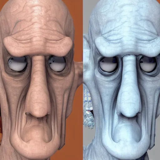 Prompt: squidward realistic skin 8k, detailed, high detailed, terrifying, eerie, deformed.