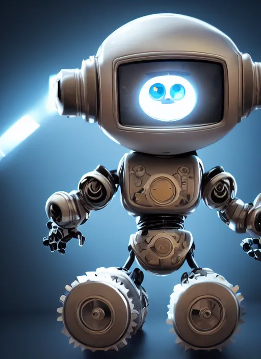 Image similar to a cute little robot, wearing clothes, clockwork gears visible in a hole in his chest, global illumination, radiant light, detailed and intricate environment