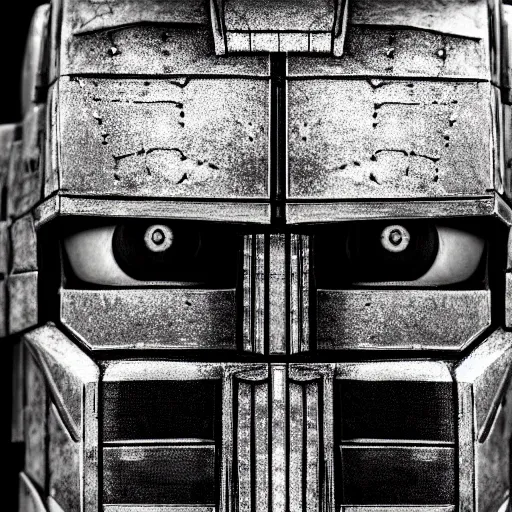 Image similar to symmetrical, close up face portrait of Optimus Prime, scowling, studio lighting, depth of field, photography, black and white, highly detailed