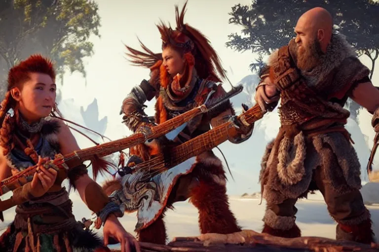 Image similar to aloy from the horizon zero dawn videogame playing the guitar with kratos from the god of war videogame playing the drums