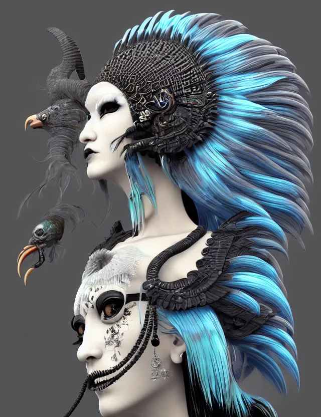 Image similar to 3 d goddess close - up profile simple portrait punk with mohawk with ram skull. beautiful intricately detailed japanese crow kitsune mask and clasical japanese kimono. betta fish, jellyfish phoenix, bio luminescent, plasma, ice, water, wind, creature, artwork by tooth wu and wlop and beeple and greg rutkowski