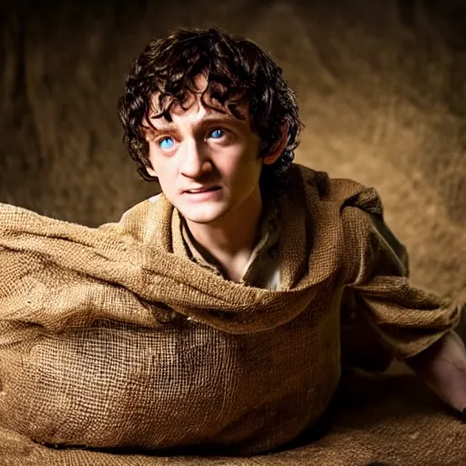 Prompt: frodo from lord of the rings in a burlap sack of potatoes, and the sack has many potatoes in it, photography, realistic, mid shot, in his hobbit home, cinematic lighting