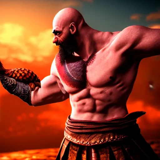 Image similar to screenshot of Kratos with a chicken head, volumetric lighting, high detail, 4k, warm toned gradient background