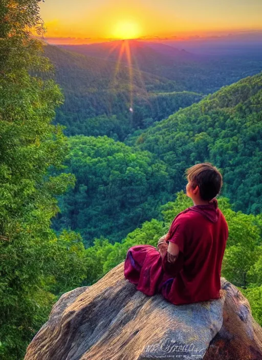 Prompt: an shaman sitting at the top of a cliff, looking down at the valley, doing a vision quest, beautiful sunset, art by lilia alvarado