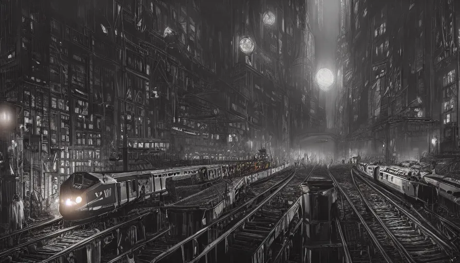 Image similar to neo - gothic gotham city crowded train station with trains, outside, night, hyperdetailed, artstation, cgsociety, 8 k