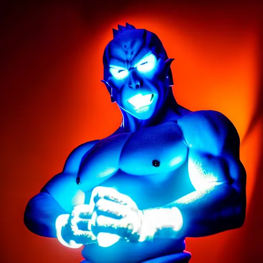 Image similar to uhd candid photo of alex jones as a dbz character, glowing blue, global illumination, radiant light, detailed, intricate costume. photo by annie leibowitz