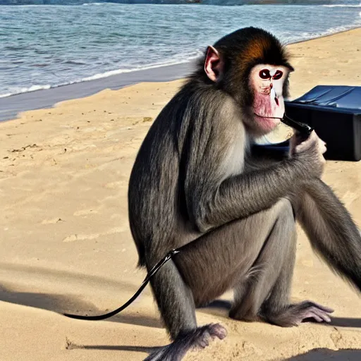 Prompt: a monkey smoking vape on beach