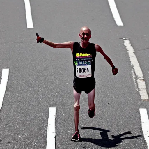 Image similar to A skeleton crossing the finish to win a marathon, award winning photograph,
