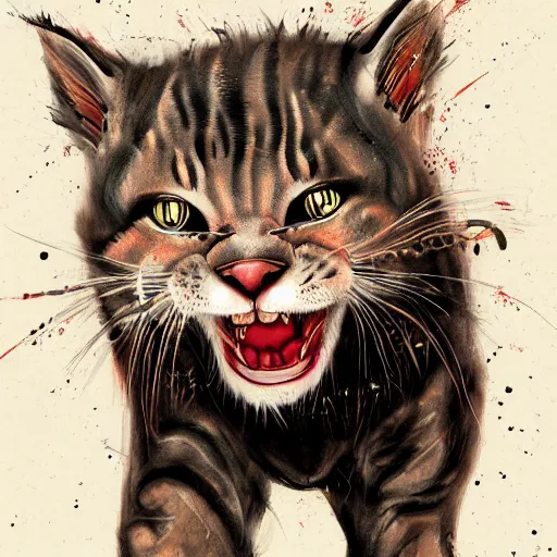 Image similar to vicious roaring kitty by Milka Oxana, post processing, painterly, book illustration. Trending on artstation, post processing, pen and ink work. sharp focus.