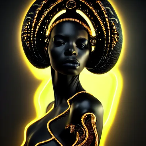 Image similar to portrait of an absurdly beautiful, graceful, sophisticated, fashionable black cyberpunk mechanoid gravure idol, hyperdetailed illustration by irakli nadar, maria borges, matt wisniewski style, intricate linework, dark black skin, neon jellyfish headdress, ivory carved ruff, unreal engine 5 highly rendered, global illumination, golden light, detailed and intricate environment