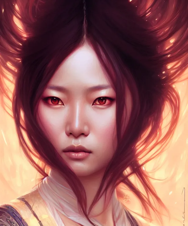 Image similar to Asian woman portrait, sci-fi, amber eyes, face, long hair, fantasy, intricate, elegant, highly detailed, digital painting, artstation, concept art, smooth, sharp focus, illustration, art by artgerm and greg rutkowski and alphonse mucha