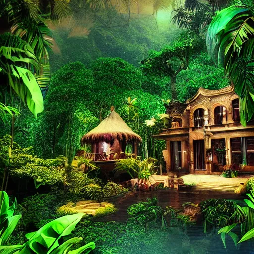 Prompt: jungle mansion with music studio rain high quality