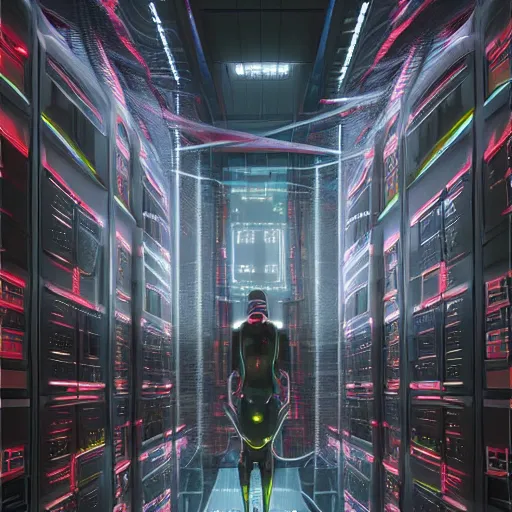 Image similar to professional painting of monumental conscious supercomputer with huge cybernetic face in endless server room, trending on artstation, cyberpunk, sci - fi, futuristic, by greg rutkowski and maciej kuciara, high quality