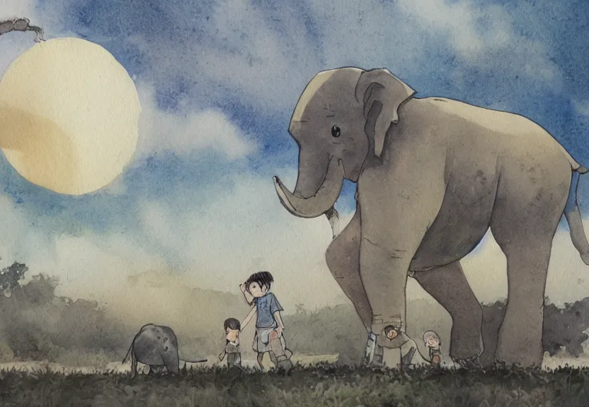 Image similar to a hyperrealist watercolor concept art from a studio ghibli film showing a giant grey chibi elephant. a temple is under construction in the background in india on a misty and starry night. by studio ghibli. very dull muted colors