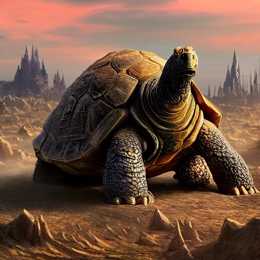 Prompt: gargantuan tortoise with a large fantasy castle armor walking through a sandy wasteland, distant shot centered birds eye view, fantasy, hyper detailed, 4 k, howls moving castle, mortal engines