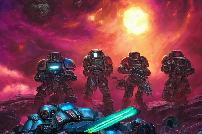 Prompt: futuristic battlefield, warhammer 4 0 k, space marines portrait, colorful, epic, digitally painted by tim doyle, kilian eng and thomas kinkade, centered, uncropped