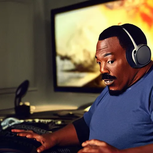 Image similar to obese Eddie Murphy wearing a headset yelling at his monitor while playing WoW highly detailed wide angle lens 10:9 aspect ration award winning photography by David Lynch esoteric erasure head