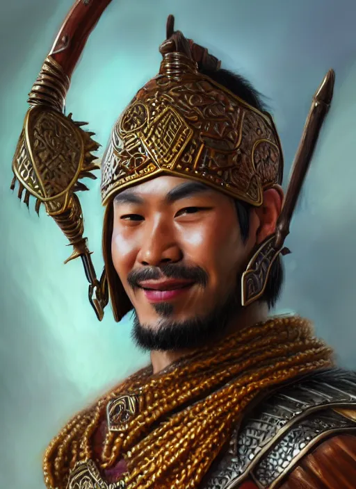 Prompt: smart tai warlord, closeup portrait, historical, ethnic group, traditional tai costume, sukhothai costume, bronze headset, fantasy, intricate, with leather armor cross onbare chest, elegant, loin cloth, highly detailed, oil painting, artstation, concept art, matte, sharp focus, illustration, hearthstone, art by earl norem