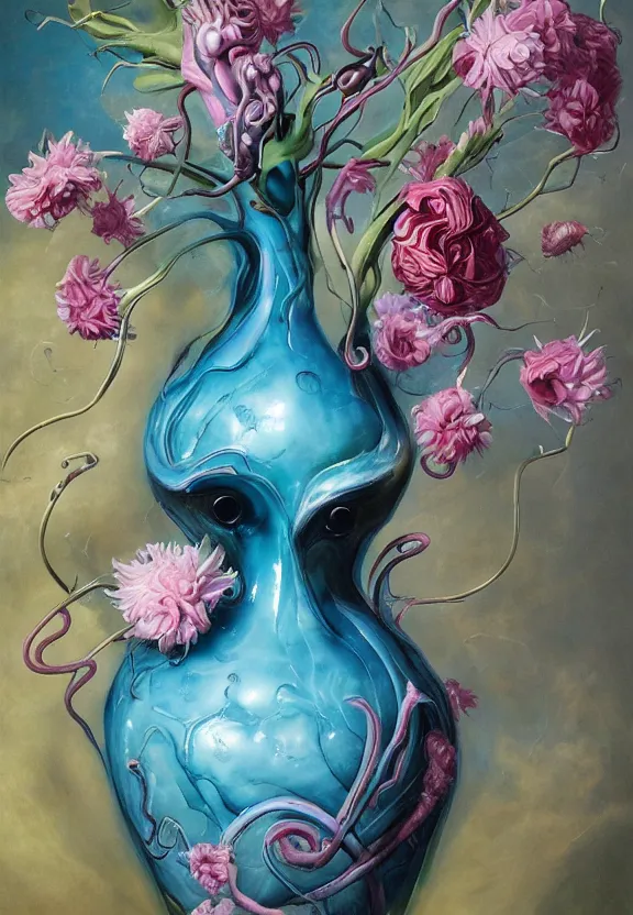 Prompt: a biomorphic painting of a vase with flowers, surrealist painting by krenz cushart and dorothea tanning, pastel blues and pinks, melting, plastic, skull, featured on artstation, tentacles, pink bees, metaphysical painting, oil on canvas, fluid acrylic pour art, airbrush art, hyper realistic, rococo, lovecraftian