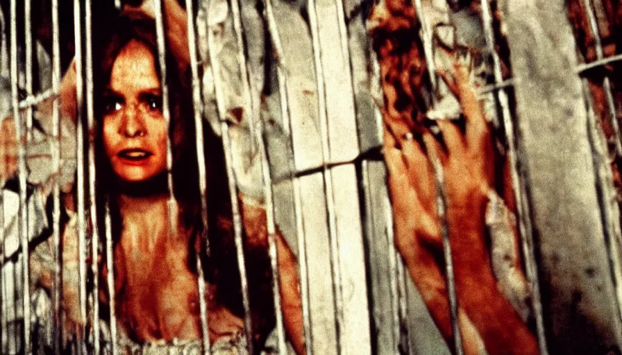 Image similar to 7 0 s film still from a horror movie featuring a beautiful woman in a cage, kodachrome, cinecolor, cinestill, film grain, film texture, retro, cinematic, high resolution, photorealism,