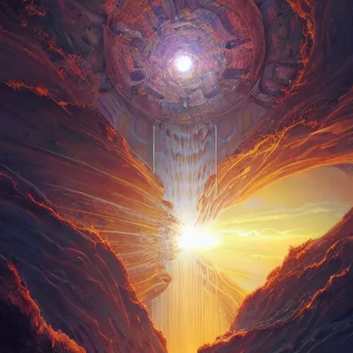 Prompt: an infinitely recursive self-generating tower-labyrinth bursts through the planets of the Sol system consuming them for raw matter, trending on artstation, by Ross tran, by Jesper ejsing, by Thomas Cole #epic #conceptart | mayan-greek architecture, magical portal between sci-fi and fantasy realms, highly-detailed vibrant illustration, vraytracing