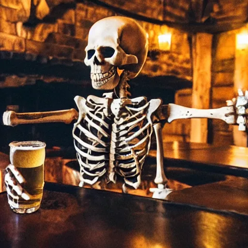 Image similar to Photo of a Skeleton drinking beer in a medieval tavern. Beer is spilling all over