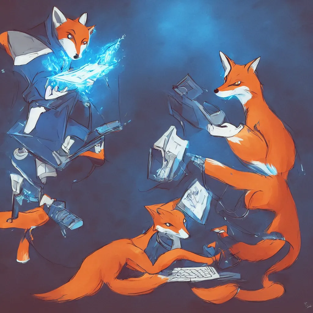 Image similar to a fox in a blue hoodie on the white background hacking a notebook, concept art, anime style, digital art picture, highly detailed, artstation, detailed, award winning, colorful