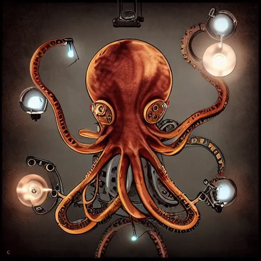 Prompt: steampunk octopus with headphones playing synthesizers, lights, lasers, music, highly detailed, realistic,