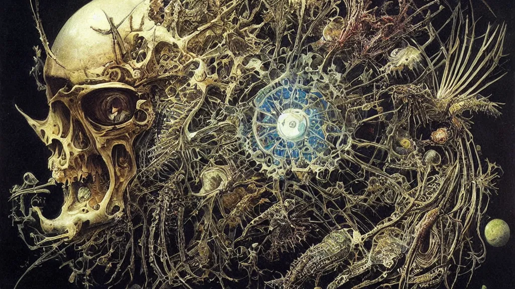 Image similar to a beautiful dreamy painting of a coronavirus inside a broken television screen, evil alien, dark, sinister, detailed, high contrast, art by Ernst Haeckel and Greg Rutkowski